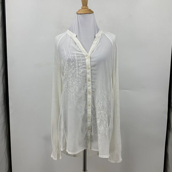 Coldwater Creek Embroidered Tunic Womens M Medium White Button Front Semi Sheer - Picture 2 of 15